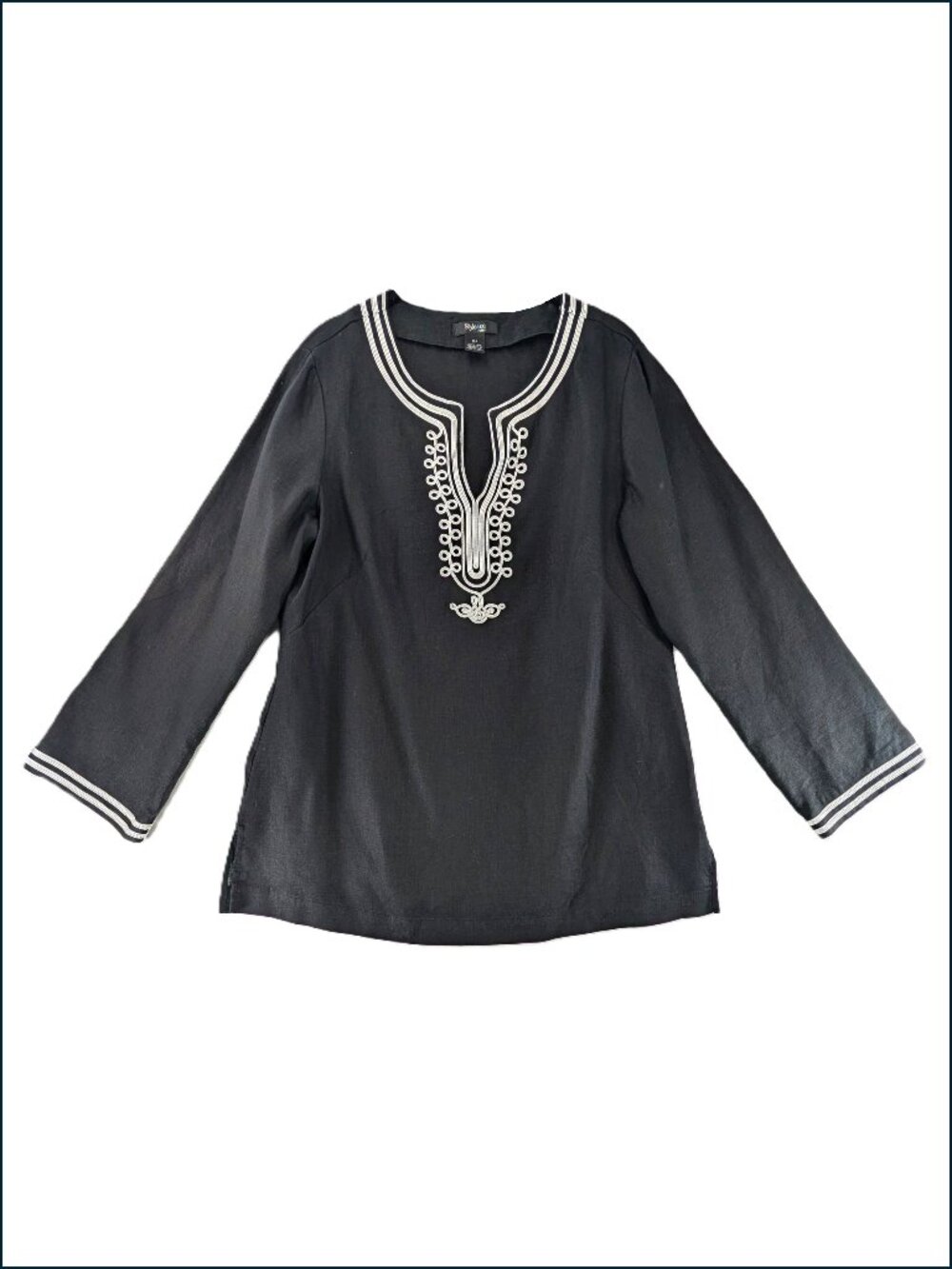 Style Co Linen Tunic Top Womens Sz 12 Petite Black White Pullover Resort Beachy